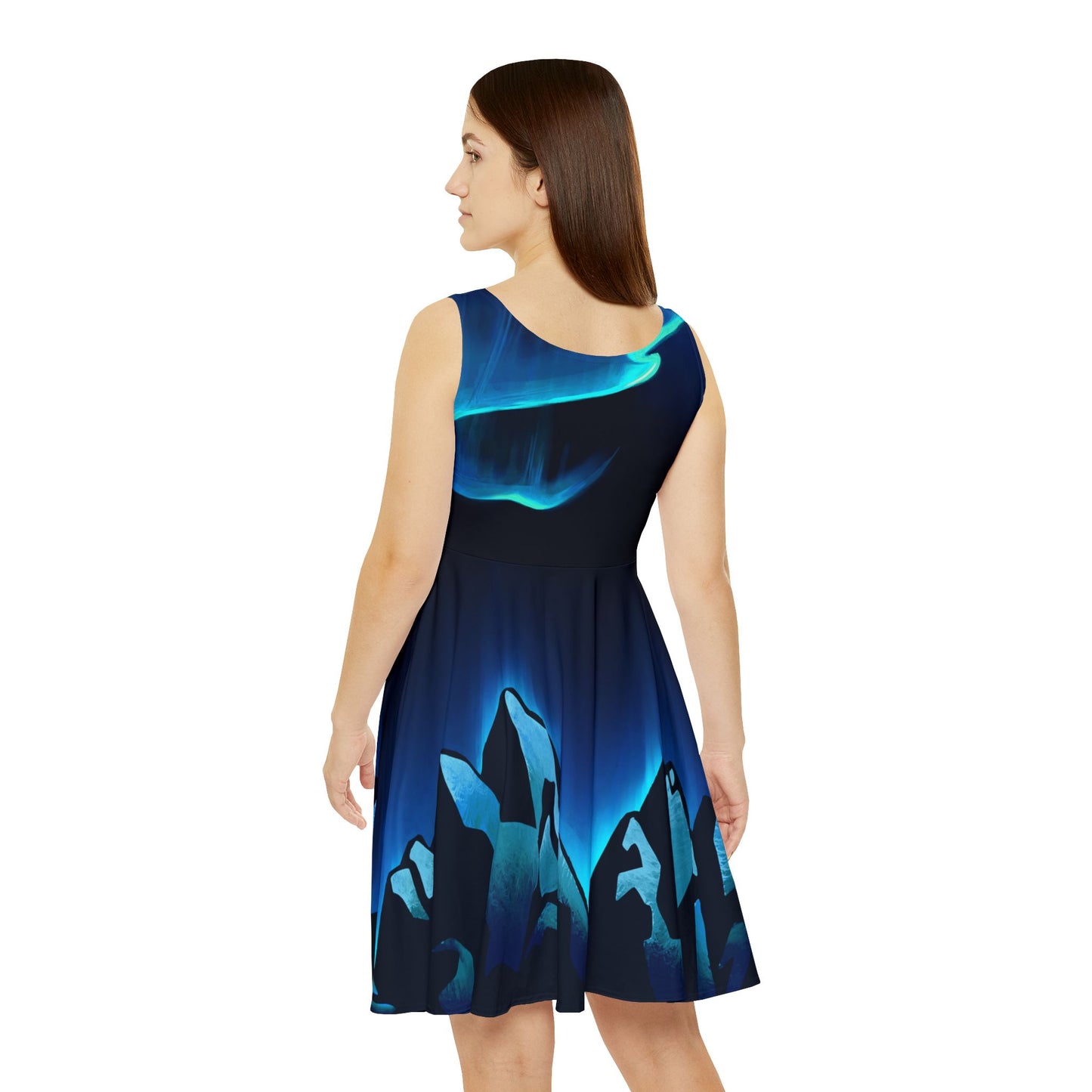 Aurora Painted Art Knee Length Dress with Alaskan Aurora Borealis over Snowy Mountains Chic New Year's Black Dress