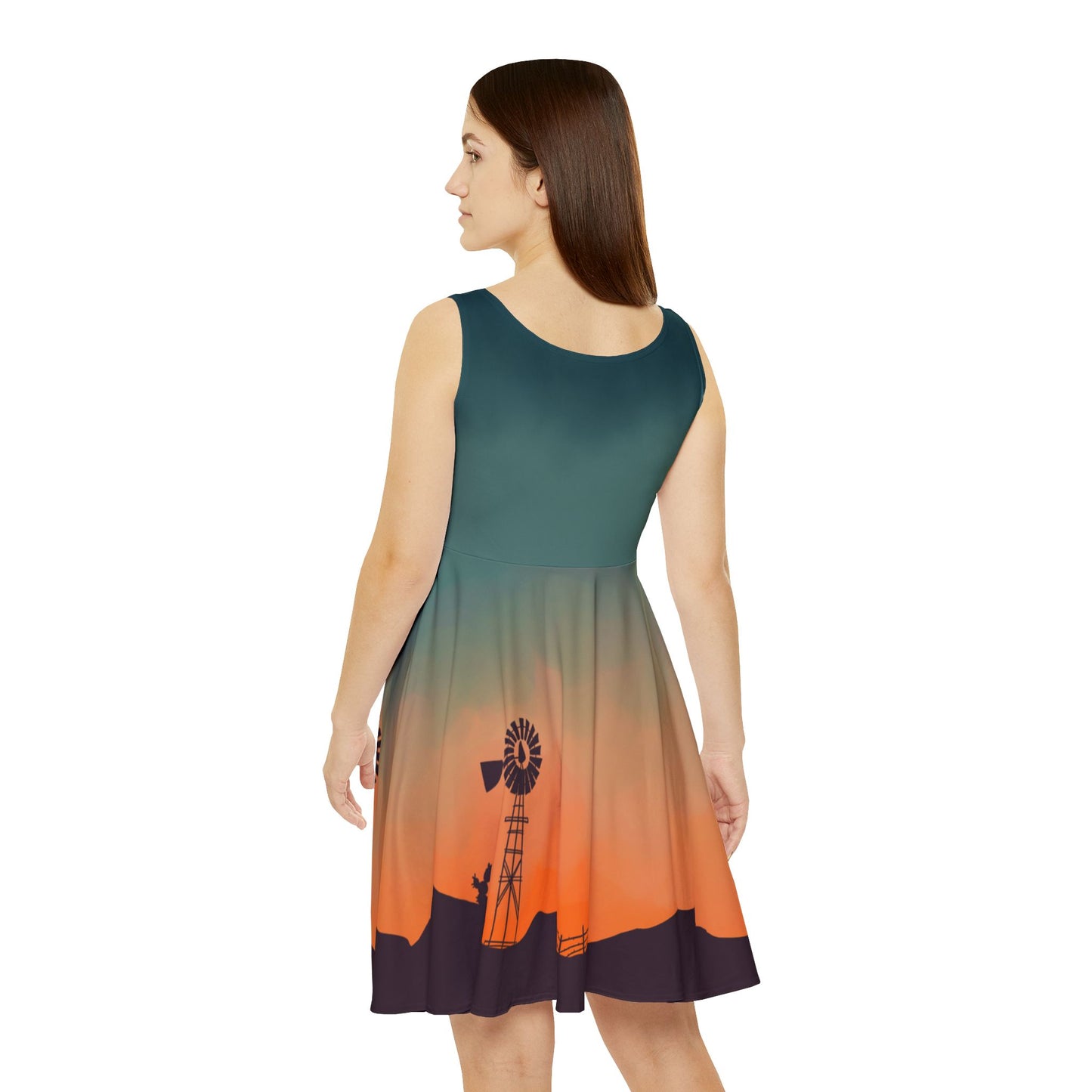 Texan Sunset Dress Small to Plus Size Orange Teal Western Sky Art on Skater Style Dress, Fall Clothing