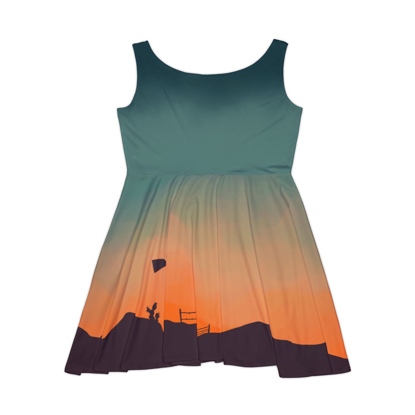 Texan Sunset Dress Small to Plus Size Orange Teal Western Sky Art on Skater Style Dress, Fall Clothing