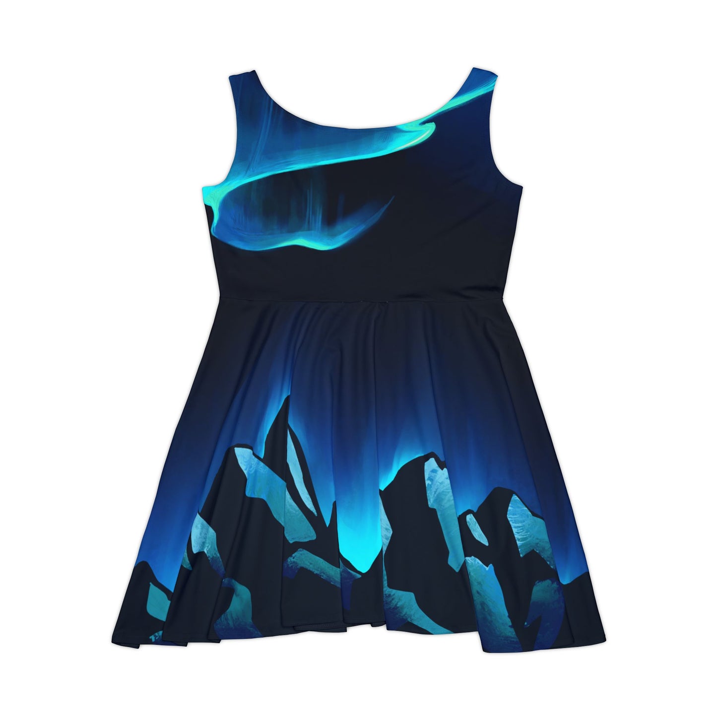 Aurora Painted Art Knee Length Dress with Alaskan Aurora Borealis over Snowy Mountains Chic New Year's Black Dress