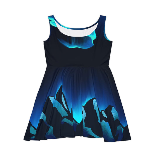 Aurora Painted Art Knee Length Dress with Alaskan Aurora Borealis over Snowy Mountains Chic New Year's Black Dress
