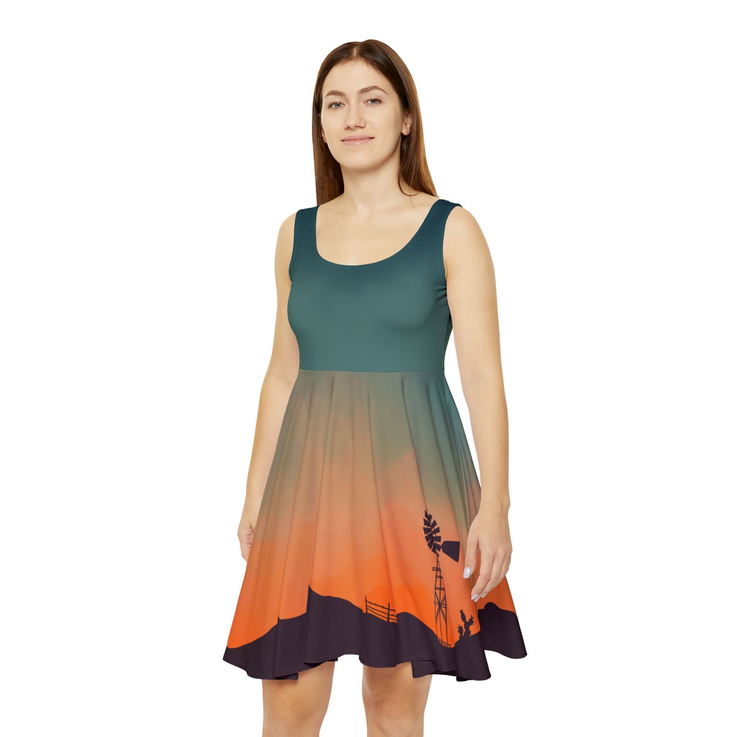 Texan Sunset Dress Small to Plus Size Orange Teal Western Sky Art on Skater Style Dress, Fall Clothing