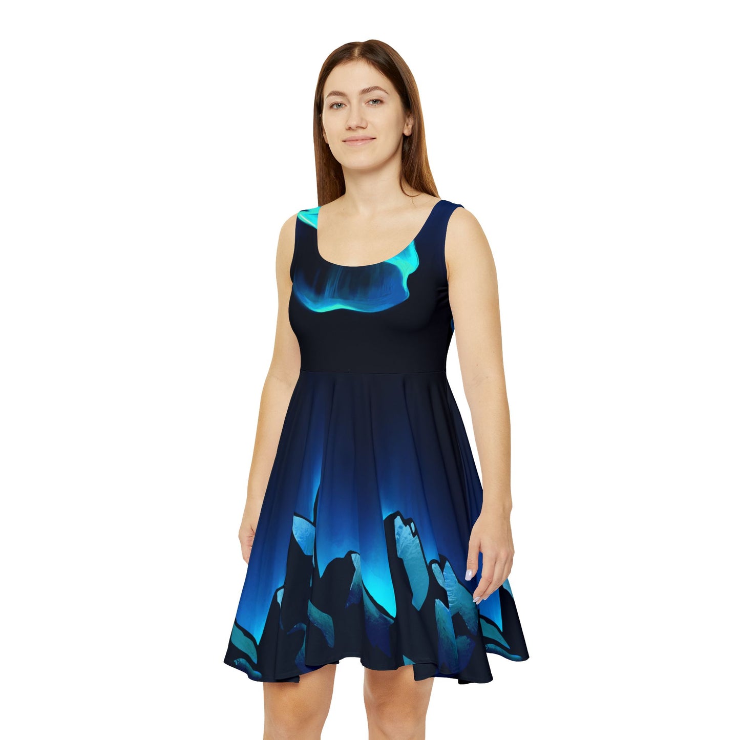 Aurora Painted Art Knee Length Dress with Alaskan Aurora Borealis over Snowy Mountains Chic New Year's Black Dress