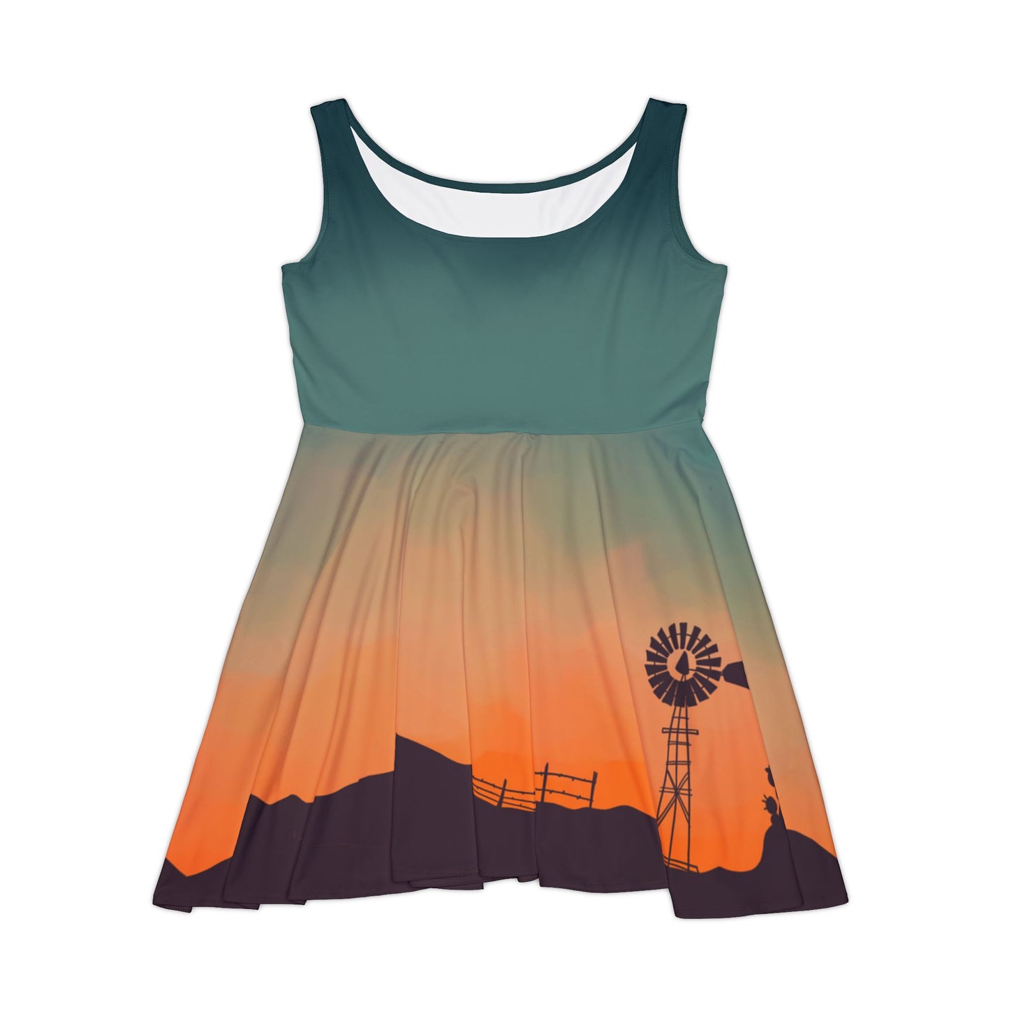 Texan Sunset Dress Small to Plus Size Orange Teal Western Sky Art on Skater Style Dress, Fall Clothing
