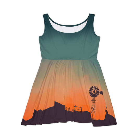 Texan Sunset Dress Small to Plus Size Orange Teal Western Sky Art on Skater Style Dress, Fall Clothing